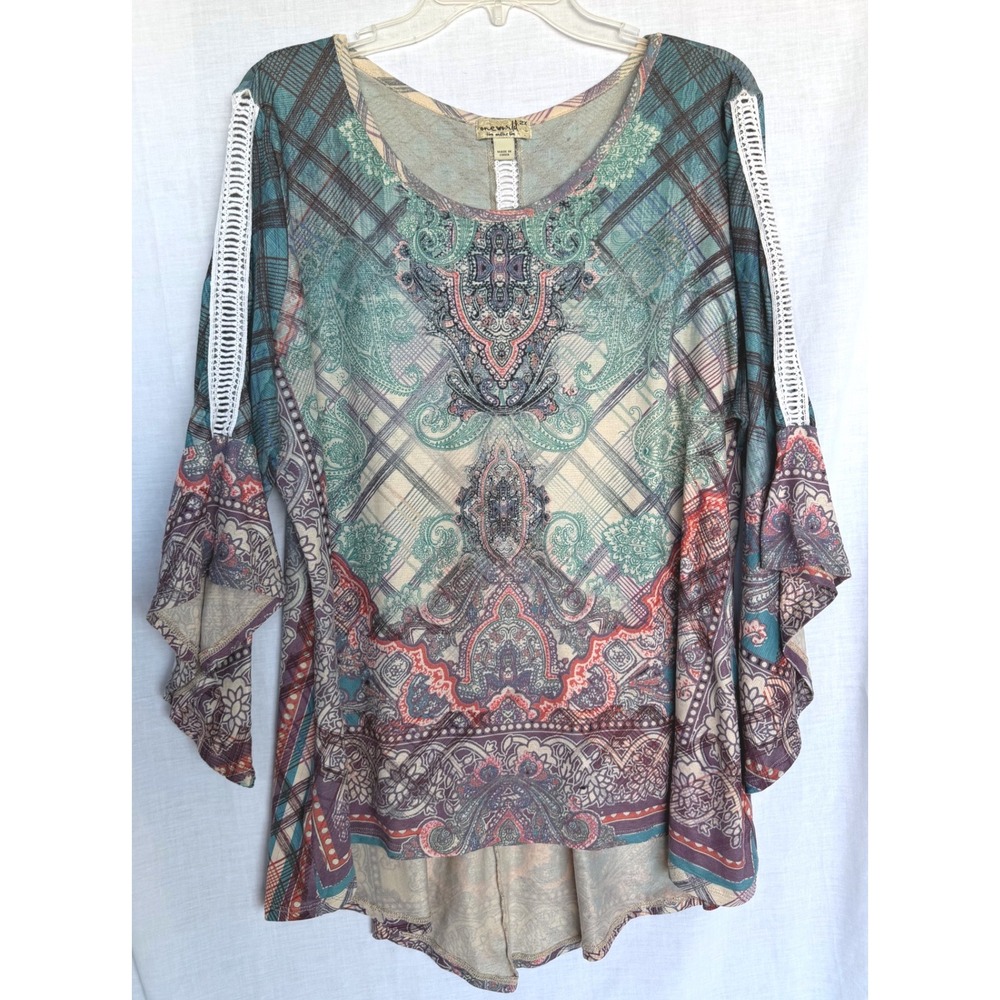 One World Paisley Plaid Crochet Festival Trim Bell Sleeve Top Blue Multi Plus 2X